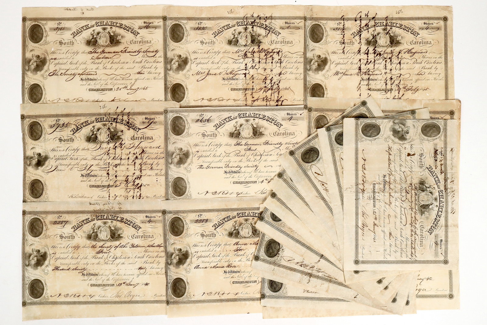 Bank of Charleston Stock Collection [199303]: Lot of 19. Bank of Charleston So. Carolina. Issued 1840-57. appear I/U. These show signs of age, but are in very good condition. Draper, Toppan & Longacre & Co. printer. ^Date: 1840-57Country (if not 