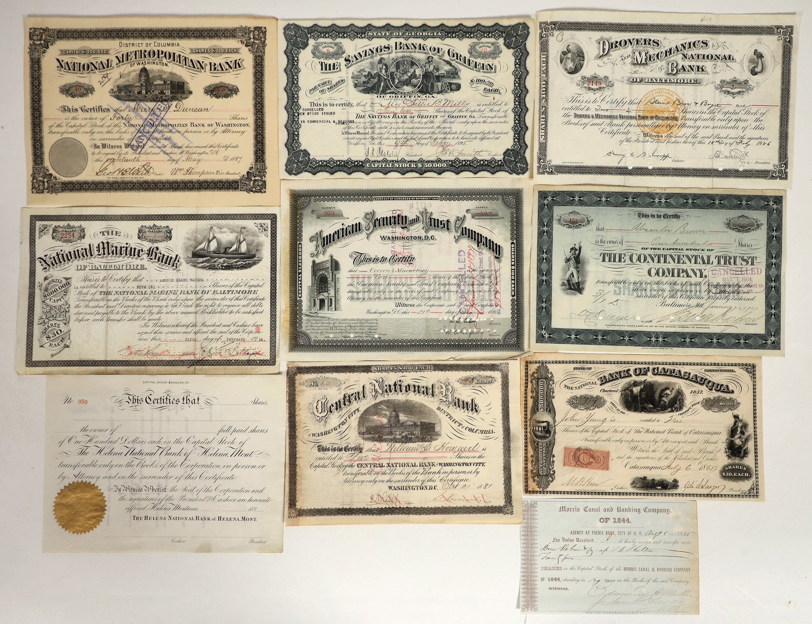 Early Banking Stock Certificates, 1845-1926, 10 Different [196917]: Group of 10 different stock certificates. Includes: American Security & Trust Co. (DC, 1892), Bank of Catasauqua (PA, 1868), Central National Bank (DC, 1881), Continental Trust Co. (Maryland, 1901), D