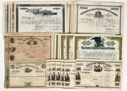Southern States Bank Stocks. [199944]: Lot of 43. I/C. Bank of Kentucky, Bank of Charleston, The Lowery National Bank of Atlanta. First National Bank of Cameron, The Manchester Home Building and Loan assoc.. Printers: Frey Stationery, Topp