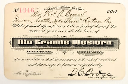Rio Grande Western Railway Company Annual Pass, 1894 [199142]