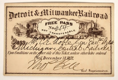 Detroit & Milwaukee Railroad Annual Pass, 1871 [199140]