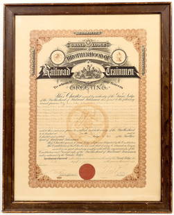 Brotherhood of Railroad Trainmen Charter 1924 [197535]: Framed charter of the Grand Lodge of the Brotherhood of Railroad Trainmen, San Francisco chapter, 1924. Frame is 21 x 27 inches. ^ Date: Country (if not USA): State: California City: San Francisco Pro