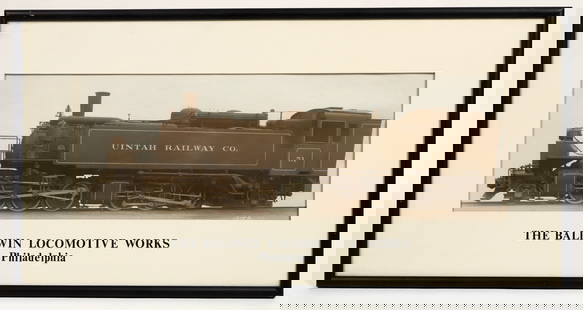 Baldwin Locomotive Photo Framed. [199086]: One mounted and framed panoramic photo of The Baldwin Locomotive Works of Philadelphia. Pictured is Uintah Railway Co #51, 2-6-6-2 locomotive, referred to as "Mallet Mogul" put in service 1926. First