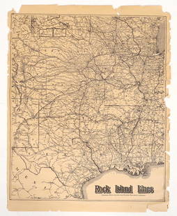Rock Island Railroad Lines Map, undated, c1910 [196844]: Rock Island Railroad Lines Map, undated, c1910, 22 x 28", chips along all edges, printed on fragile paper. Printed by Chicago, Rock Island and Pacific Railroad Company. Shows detailed railroad lines t