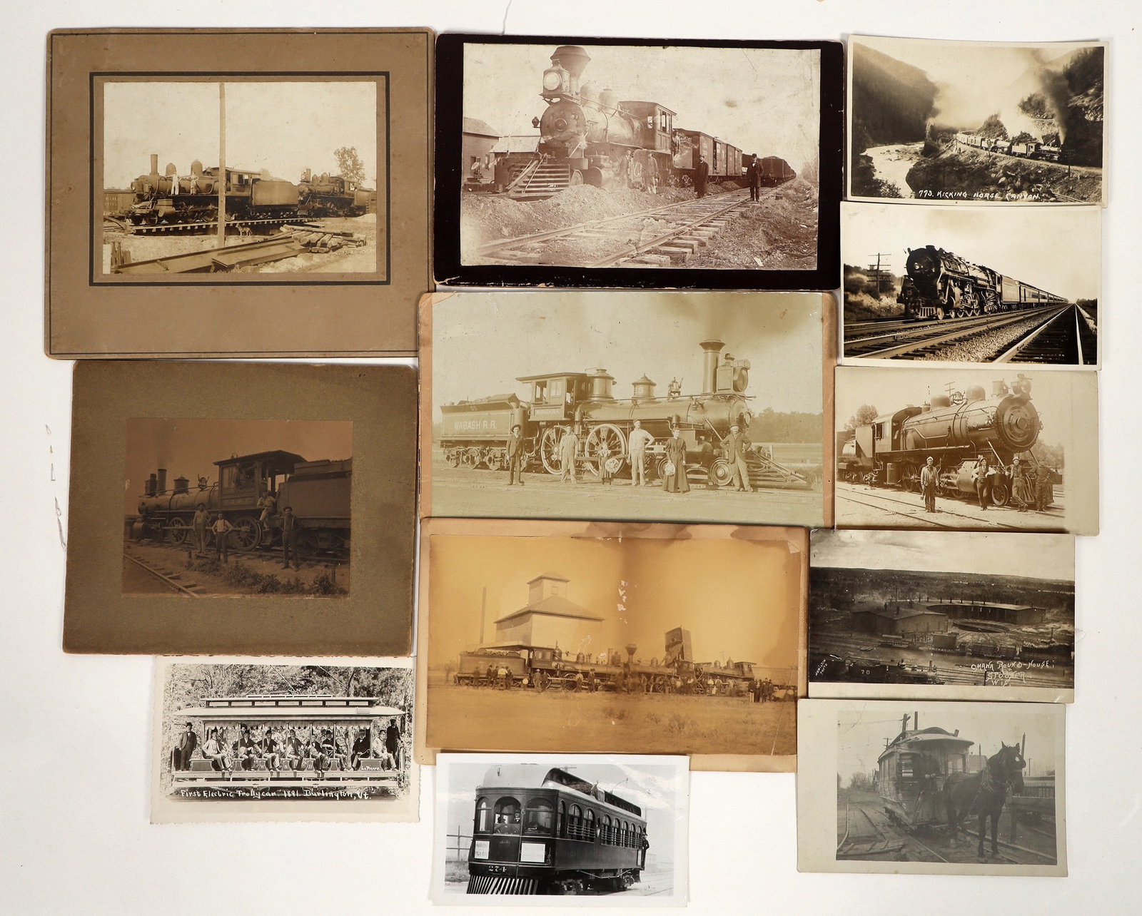 US Railroad Real Photo Postcards & Mounted Photographs [197620]: Nice group of 12. RPPCs (6) include Omaha roundhouse, Horse Canyon, NYCRR, First Electric Trolley Car in Burlington, horse-drawn car, and more. Photographs include: Wabash RR (5.25 x 8.5"), Chicago & 