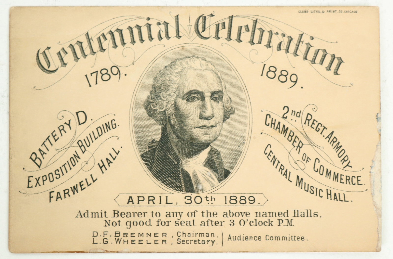 Centennial Expo Admission Pass [199359]: Centennial Expo Paris France. Admission pass 1889 , vignette of George Washington. In very good cond. Possible tape markings on back. In plastic protective holder. Very rare. ^ Date: 1889 Country (if 