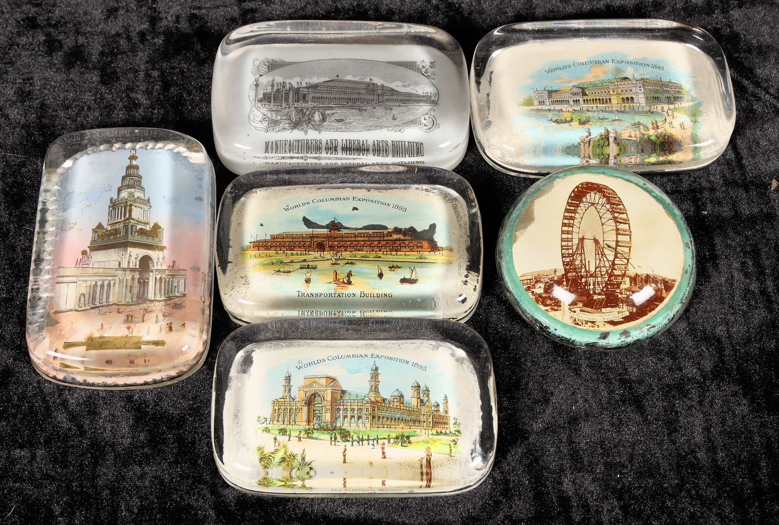 Glass Paperweight Collection, Columbian & Pan Pacific World Fair/Expo - (6) [200286]: Glass paperweight collection, 6. Good condition. Columbian and Pan Pacific Expo mementos. Rectangular paperweights are all the same size, approx.: 2.25 x 3.75 x .75. Circular paperweight measures 3" d