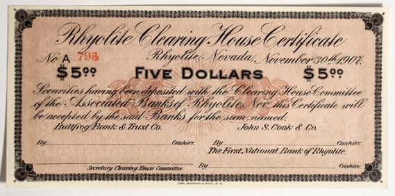 Rhyolite $5 Clearing House Certificate [200114]