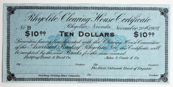Rhyolite $10 Clearing House Certificate [200115]