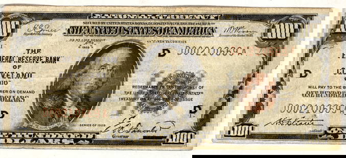 National Currency $100 Series of 1929 [200540]: Federal Reserve Bank of Cleveland $100 National Currency note, series of 1929. Fr. 1890-D. VG-F condition. ^ Date: Country (if not USA): State: City: Provenance: