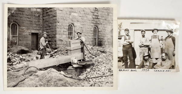 Carson City Mint Photograph Pair: 1890s Workers & 1930s Mining the Grounds! [197500]: Lot of 2 exceptionally rare views of operations at the Carson City Mint. We just don't see many photos besides exterior building shots. And both of these photos have great stories behind them! 1) Unpu
