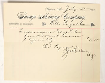 Comstock Mine Billhead for Carson City Mint Gold Coin Express Shipment, 1892 [197312]