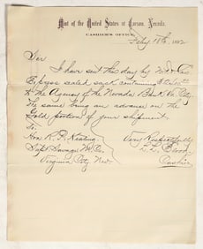 Carson City Mint Letter About Gold Coin Wells Fargo Shipment to Virginia City, NV [199956]