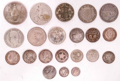 Coins of the World (21) [176265]: Twenty one foreign coins: 1953 five shillings Great Britain; 1929 Germany; Peru; Panama; Cuba; Turkey; Dominican Republic; East Africa & Uganda. ^ Date: Country (if not USA): State: City: Provenance: