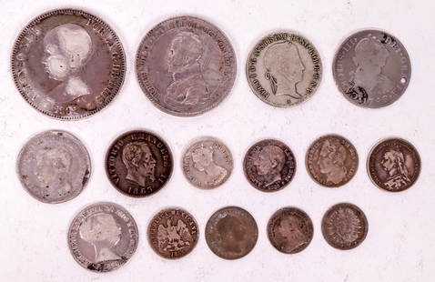 World Silver Coins (1800s) (15) [176259]: Fifteen silver coins of the world. 1817 Ein Thaler from Prussia; 1891 Alfonso XIII five pesetas; love token from an 1782 Carolus III; 1843 1/2 franc; 1889 six pence Victoria; 1885 ten centavos Mexico