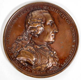 Eccleston George Washington Medal [200095]: 1805 Eccleston Medal. Musante GW-88, Baker-85. Bronze, 76 mm. An attractive, important medal. Slight rim damage, cleaned (residue in tight places). Nicely struck in bold relief, two marks in the field