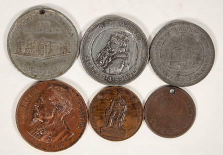 Medals of the 1800s  (6) [197374]: Six medals from the 19th century: 1) 1874 French Napoleon monument subscription medal (29 mm); 2) 1887 St. Louis Exposition and Music Hall souvenir, 38 mm, holed; 3) 1890 Des Moines Iowa State Capitol