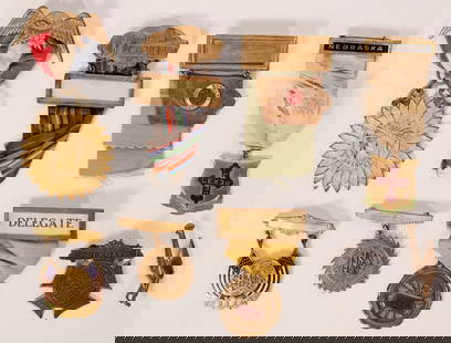 Midwest Breast Badges (9) 1895-1920 [183111]: You want badges? I give you badges! This lot is nine breast badges from the Midwest, c1895-1920. States include Michigan, Kansas, Ohio, Nebraska, Indiana, Iowa and Illinois. They measure from .5" to 4