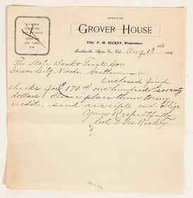 Col. FM Rickey Grover House Letterhead, 1906--Pair with Token!! [199762]