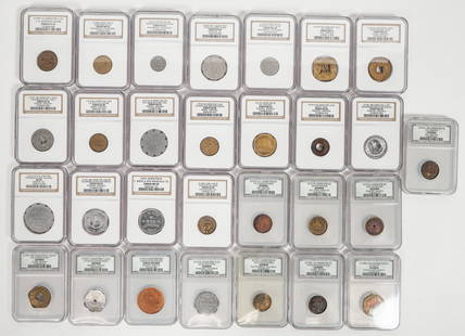 Western Token Collection (29) [197320]: Dealer lot of 29 certified Western Tokens. 11 are certified Genuine by Numismatic Conservation Services (NCS) and 18 are graded by NGC with grades ranging from VF25 to MS 65. Two saloon tokens: Midway