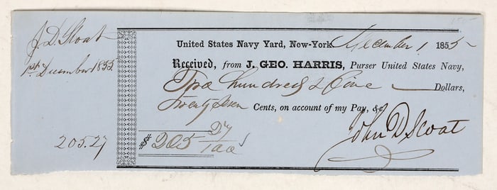 United States Navy Yard Receipt Signed by Commodore John Sloat (CA Annexation) [199756]