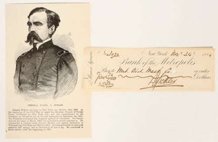Civil War General Daniel Sickles Signed Check and Engraved Portrait [196918]