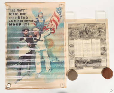 WWI and WWII Posters [199294]: Lot of 2. Recruiting poster for the U.S. Navy in WWII. Full color, over all good cond, but does show age. WWI poster of Soldiers Memorial of the War of 1917, B/W, in good cond. ^ Date: 1917-41 Country