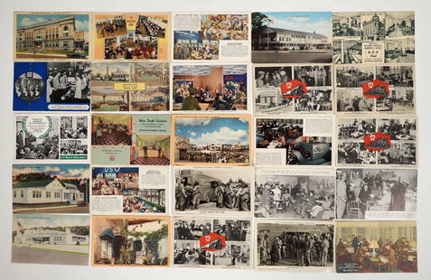 WWII Era USO and other Service Club Postcards (25) [183846]: Lot of 25. Color (20) ~ B & W (3) ~ Real Photos (2) ~ No Duplicates (Note: many cards have written messages) . Ten have writing and/or postmarked: Belton TX, Bradleyfield Conn, St. Louis MO, and seven
