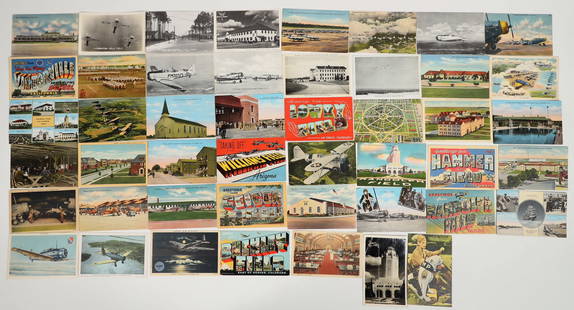 WWII U.S. Army Air Corps Training Facilities & Aircraft Postcards [183843]: Lot of 47. Color (38) ~ Black & White (5) ~ Real Photos (4). Several linen cards. Ten postmarked : Fresno CA., Chicago, Camp Livingston LA., Denver, more. ^ Date: 1940's Country (if not USA): State: C