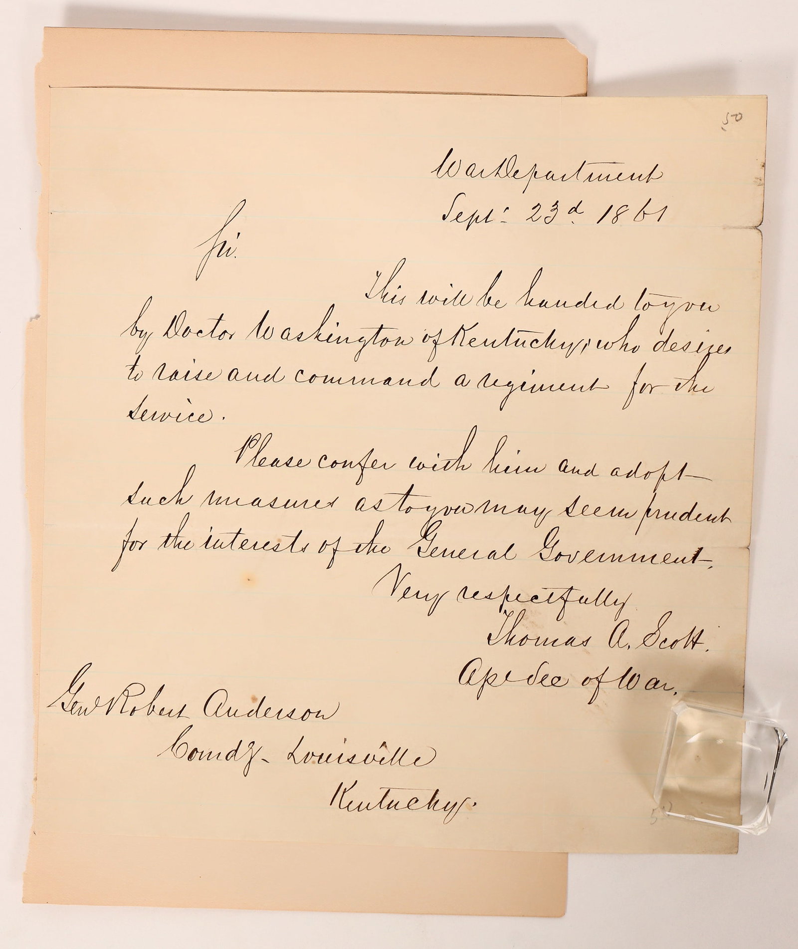 Lincoln: Thomas A. Scott Autographed Letter [182508]: Thomas A. Scott (1824-1881) was Lincoln's Assistant Secretary of War. He later became a railroad baron. This handwritten letter dated September 23, 1861 to General Robert Anderson, Commander, Louisvil