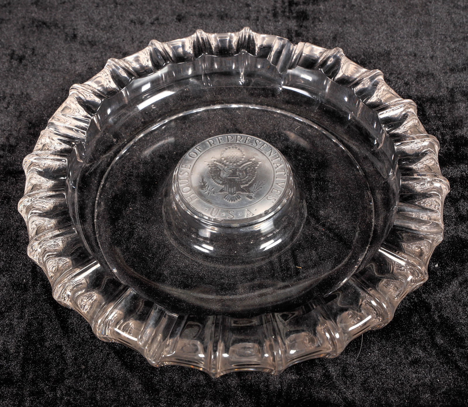 U.S. House of Representatives Crystal Ashtray [200417]: A vintage crystal ashtray from the United States House of Representatives, likely dating from the 1970s. The large, robust ashtray features the raised seal of the House of Representatives in the cente