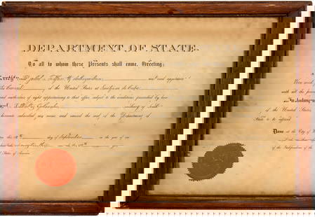 Hyatt, John Cuba Documents (3)  1893 [159931]: Framed John Hyatt appointment by Walter Q. Gresham, Secretary of State, as American Vice Counsel to Santiago de Cuba, dated September 12, 1893, on his 25th birthday. Document 12x16.5". Framed set of 4
