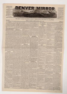 Denver Mirror, Bowie Knife Article, 1875 [193871]: May 30, 1875, scarce Denver Mirror with a back page heading, "Col. James Bowie" with a 1/4 column of text with an anecdote of Jim Bowie and his famous Bowie knife. In response to a lady on a stage coa