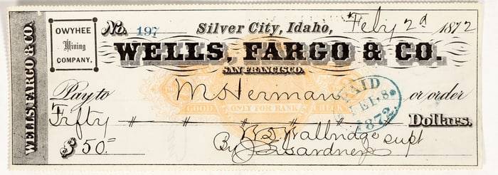 Owyhee Mining Company Revenue Check, Silver City, Idaho, 1872 [200799]