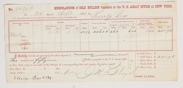 Memorandum of Gold Bullion, New York Assay Office, Montana Gold Deposit, 1875 [201371]