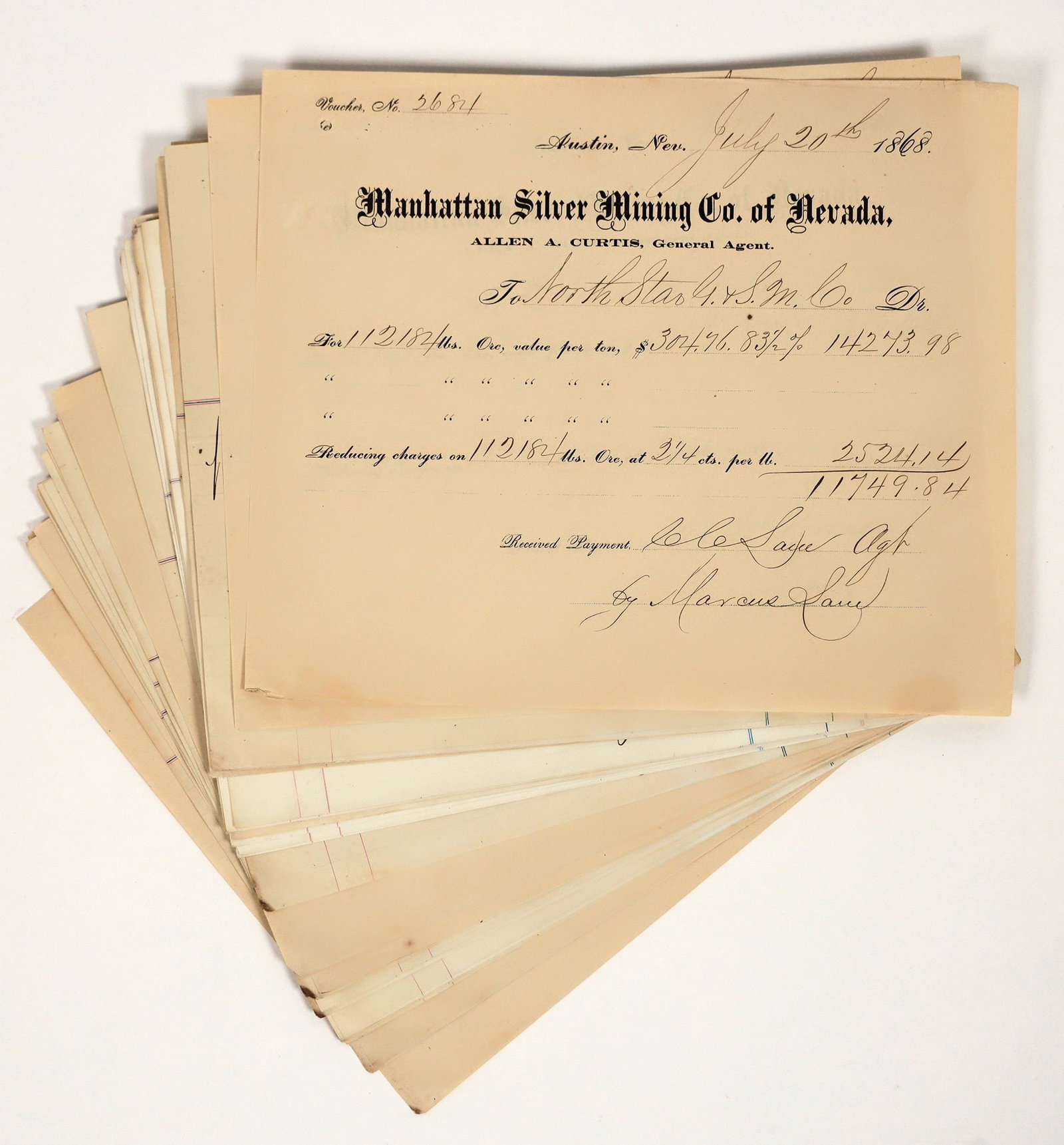 Manhattan Silver Mining Co. of Nevada Billhead Archive [202702]: Lot of about 30 billheads issued in 1868. Some are ore assay result billheads. All list Allen A. Curtis as agent. In 1865, the Manhattan Silver Mining Co. consolidated many holdings and built a mill.