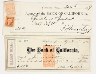 "Bonanza Kings" Virginia City, Nevada Check Pair: John Mackay and James G. Fair Autographs [200797]