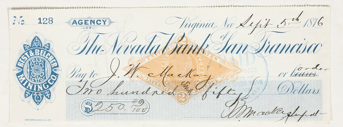 Best & Belcher Silver Mining Company Check Signed by John W. Mackay [198185]