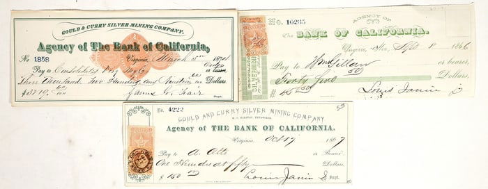Gould & Curry Mining Check Trio incl. Rare James G. Fair [198183]