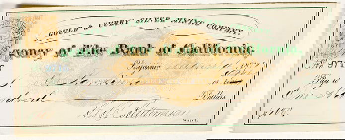 Virginia City, Nevada Mining Check Issued to TD Parkinson (Famous GT Brown Comstock Map) [200354]