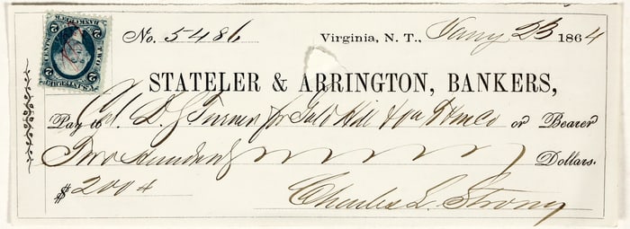 Virginia City, Nevada Territory Check Issued to Important Territorial Judge [200783]