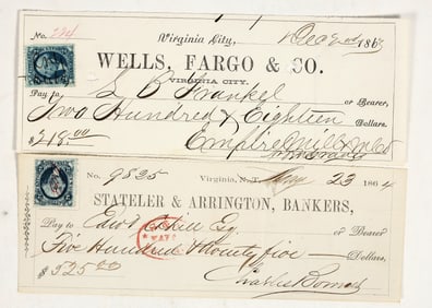 Virginia City, Nevada Territory Mining Checks to Mining Stock Brokers [198235]