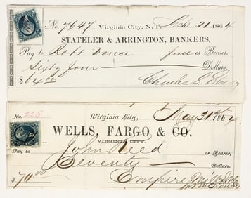 Territorial Comstock Mining Check Pair to Vance Daguerrean Room Business (Photo Studio) [201622]