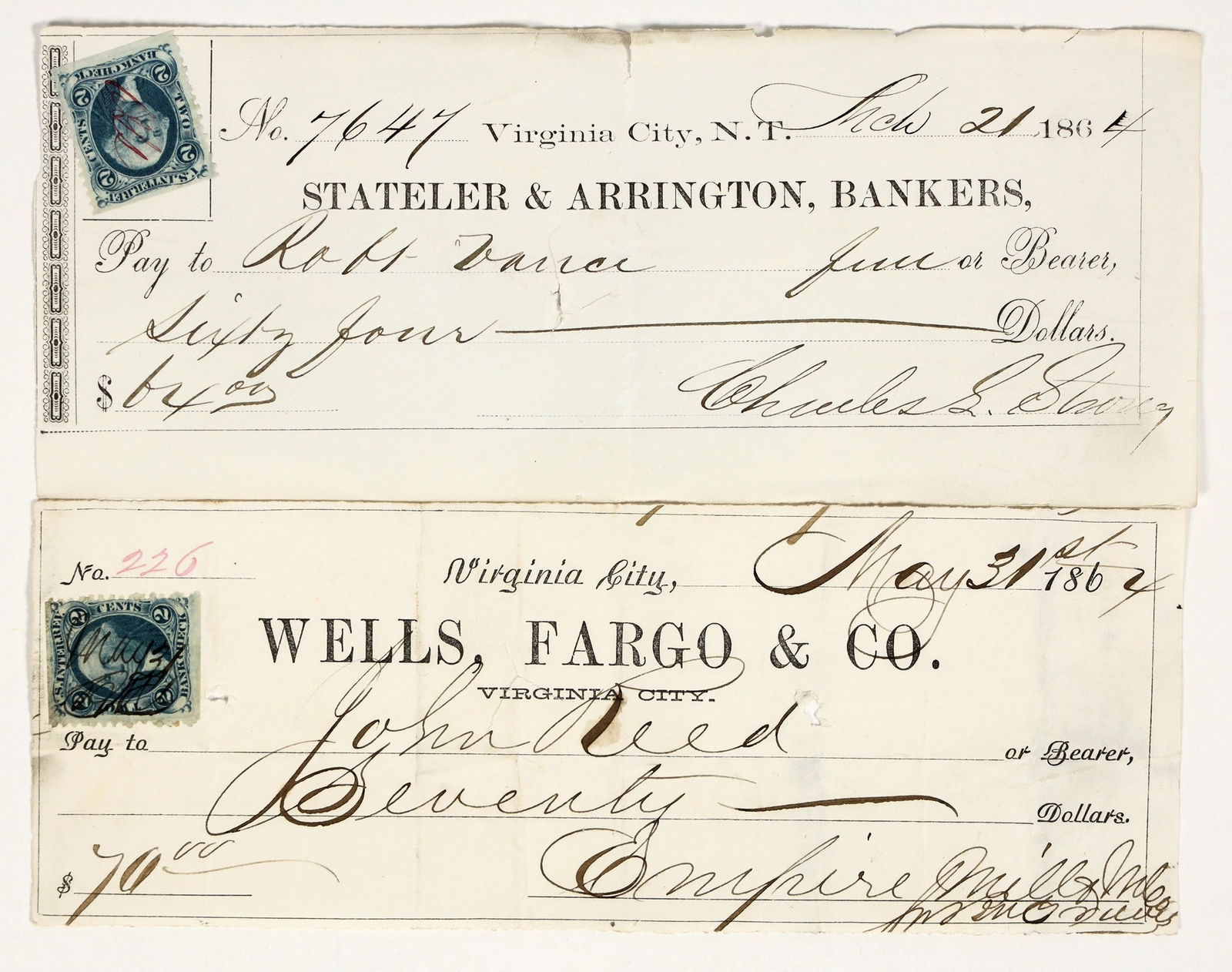 Territorial Comstock Mining Check Pair to Vance Daguerrean Room Business (Photo Studio) [201622]: Lot of 2 different territorial checks issued to the employee and proprietor of a daguerrean room (photo studio). 1864 Stateler & Arrington to Robert Vance from the Gould & Curry mine. 1864 Wells Fargo