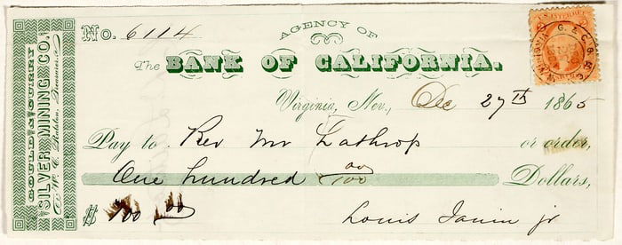 Virginia City, Nevada Mining Check Issued to Prominent Gold Hill Religious Figure [200356]