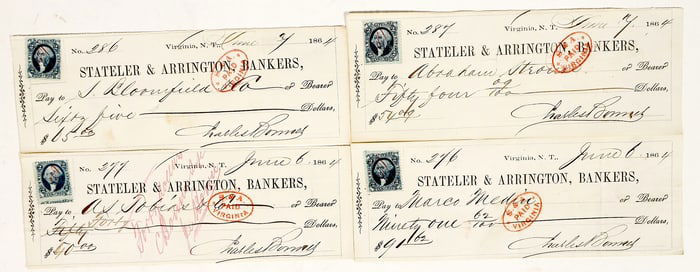 Virginia City, Nevada Territory Mining Checks to Grocers & Liquor Merchants [200346]