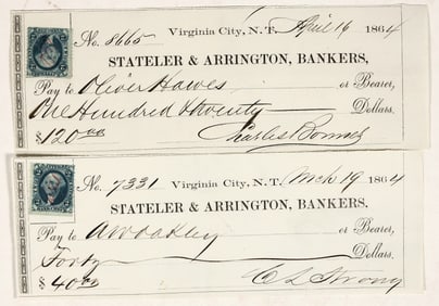 Two Virginia City, Nevada Territory Checks Issued to Gould & Curry Mill Assayers [200780]