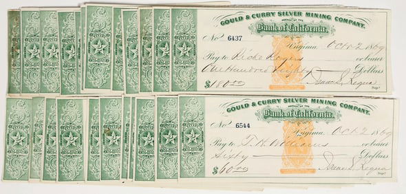 Gould & Curry Mining Checks with RN-B & Printed Green NV Stamps (30) [201973]
