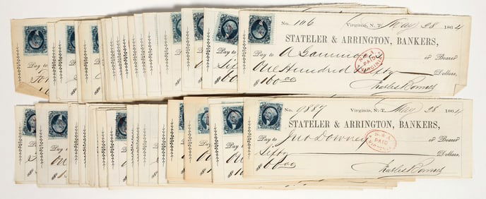 Stateler & Arrington Checks w/ Red Cancels, Gould & Curry, Nevada Territory (50) [201966]