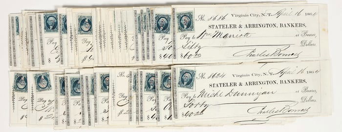 Stateler & Arrington, Gould & Curry, Virginia City, Nevada Territory Check Group (50) [201977]